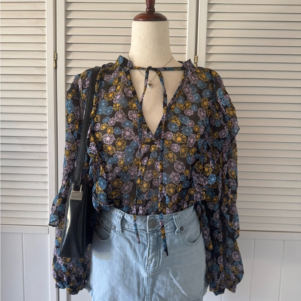 TopShop Purple Blue Ruffled Side Neck Tie Long Sleeve Blouse Top - Picture 5 of 5